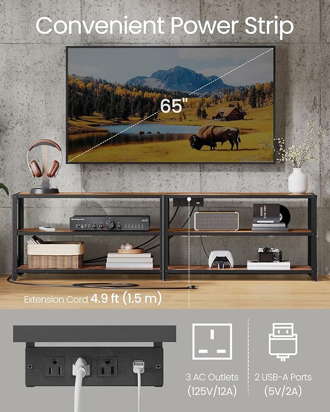 VASAGLE TV Stand with Power Outlets and LED Lights, for TVs up to 75 Inches, Entertainment Center with Open Storage Shelves, TV Console Table for Living Room, Rustic Brown and Ink Black ULTV119K01