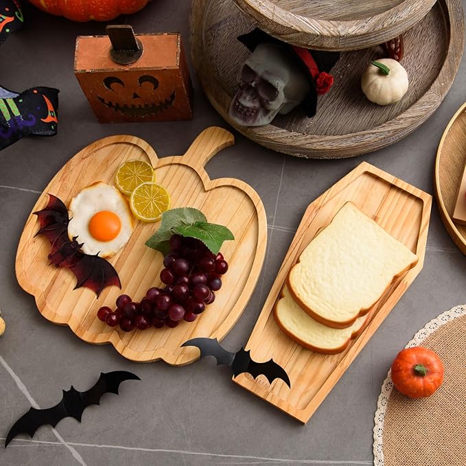 FOBSME 2 Pcs Halloween Wooden Charcuterie Boards Pumpkin and Coffin Shape Serving Platters Fall Wood Serving Trays Decorative Wooden Snack Dish Plates for Halloween Holiday Housewarming Presents