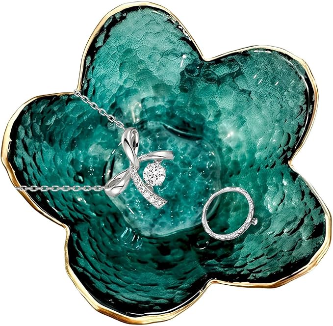 Small Green Flower Jewelry Dish, Glass Jewelry Ring Tray Trinket Bowl, Nightstand Decor Ring Holder for Women, Home Decor Gifts for Women, Wedding, Birthday, Mothers Day, Christmas, Thanksgiving