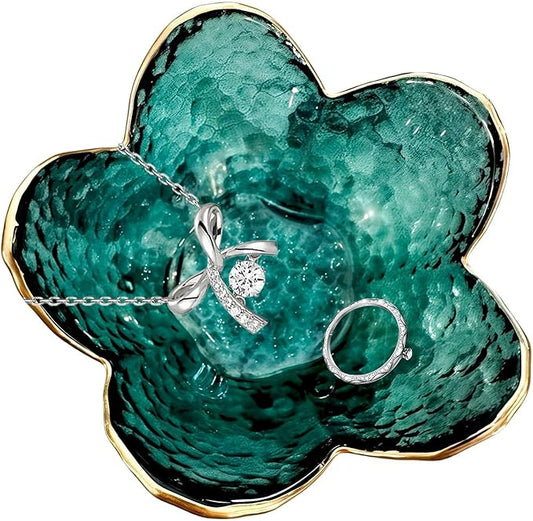 Small Green Flower Jewelry Dish, Glass Jewelry Ring Tray Trinket Bowl, Nightstand Decor Ring Holder for Women, Home Decor Gifts for Women, Wedding, Birthday, Mothers Day, Christmas, Thanksgiving