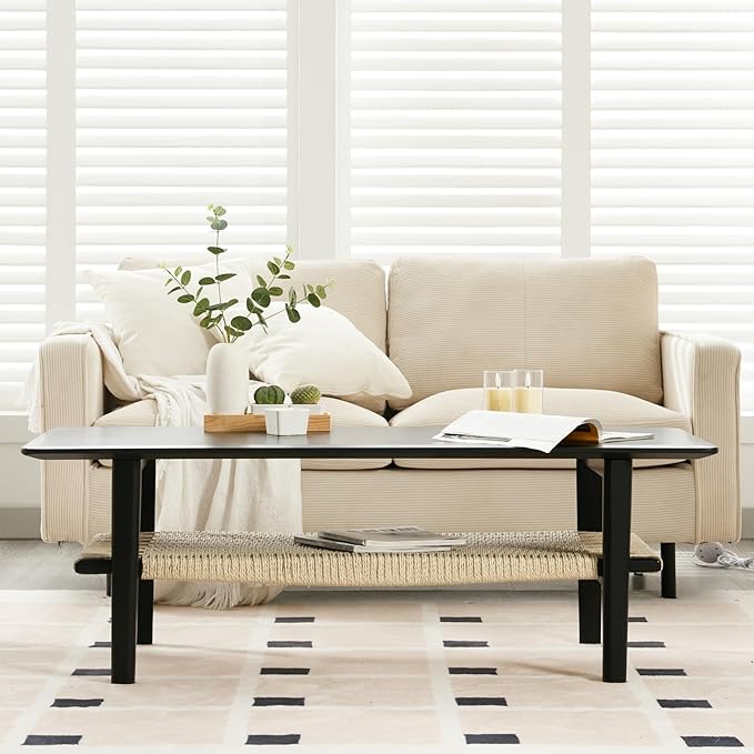 Farmhouse Coffee Table with Rattan Storage Boho Mid Centry Modern Center Table with Under Shelf Wood Living Room Table with Woven Shelf Underneath for Living Room Lounge, Black