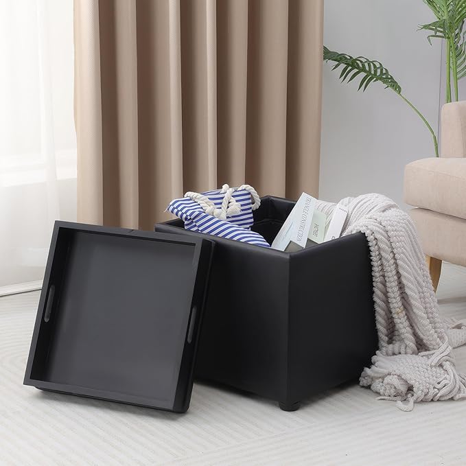 Adeco 17" Black Storage Ottoman Cube with Tray Lid, Small Footstool with Storage, Square End Table for Living Room & Bedroom
