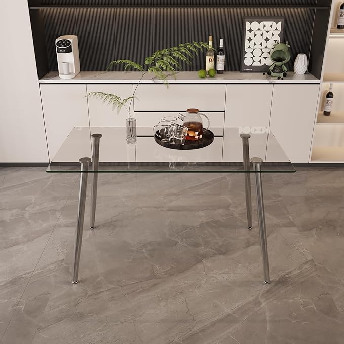 Glass Dining Table, 51'' Rectangle Dining Room Table,Modern Kitchen Table with Tempered Glass Tabletop and Metal Leg,Dining Table for 4 Suitable Kitchen Dining Living Meeting Room