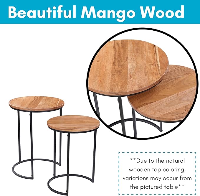 BIRDROCK HOME Wooden Nesting Side Tables - Mid Century Modern Stackable Coffee Table - Space-Saving Wooden End Table for Living Room, Bedroom, Centerpiece, Office, Balcony - Natural Mango Wood - 2 Set
