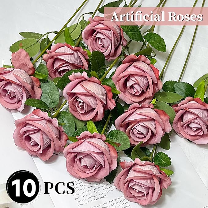 10 PCS Artificial Roses with Long Stems Silk Flowers Realistic Foam Flowers Fake Roses for Valentine's Day Home Wedding Halloween Decor(Dim Pink)