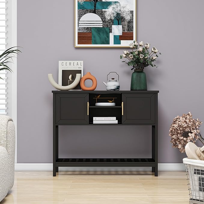 Entryway Console Table with 2 Doors & Storage & Shelf, Sofa Table Entrance Entry Way Table, Hallway Foyer Behind Couch Table (Black with 2 Doors)