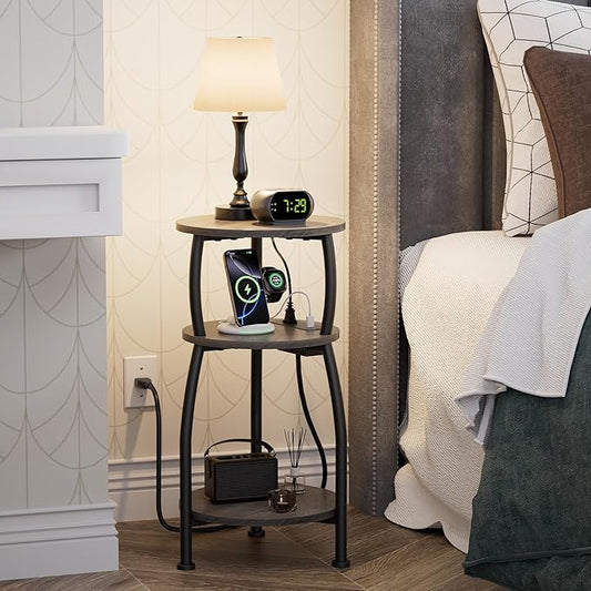 Round Side Table with Power Outlet & USB Ports, 3-Tier End Table with Storage Shelf, Modern Rustic Nightstand, Small Spaces Accent Table for Living Room Bedroom, Easy Assembly, Grey