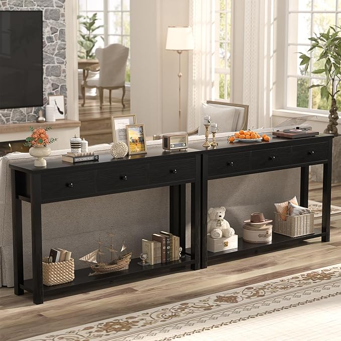 Homieasy Farmhouse Console Table with 3 Drawers, 47 Inch Wood Sofa Table with Storage Shelf for Living Room, Behind Couch, Entryway Table for Hallway, Living Room, or Foyer, Black