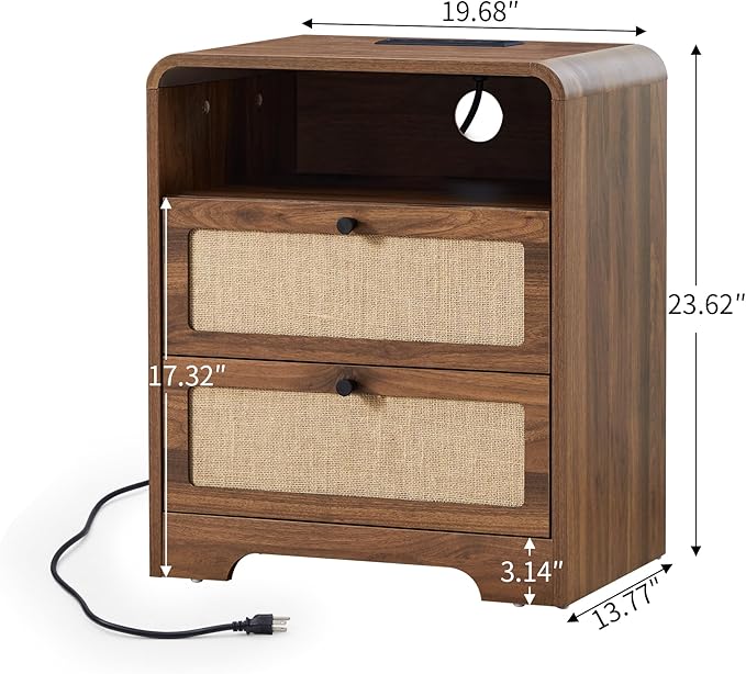 Set of 2 Night Stand with Charging Station, 19.7" Wooden Side Table Curved Nightstands with 2 Drawers & USB/Type-C Ports, Mid Century Modern End Table for Living Room, Bedroom, Nature Linen, Walnut
