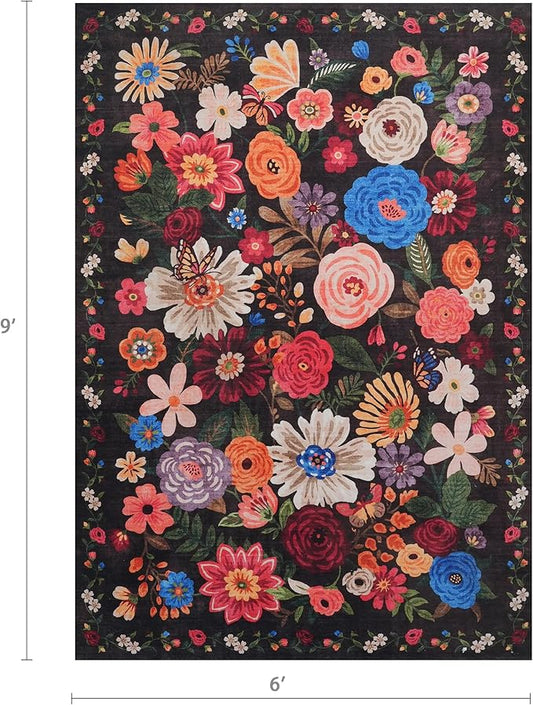 Floral Washable 6x9 Area Rugs, Soft Black Bedroom Rug for Living Room Ultra-Thin Non Slip Dining Room Rug, Stain Resistant Rugs Easy Clean Throw Carpet for Office(6 x 9, Black Garden)