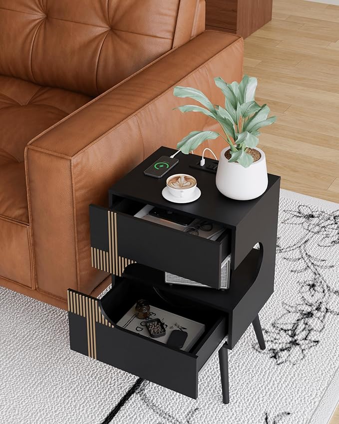 Black Nightstand with Charging Station and LED Lights,Modern Bedside Table with 2 Storage Drawer,Night Stand with Solid Wood Legs,White (Black-2)
