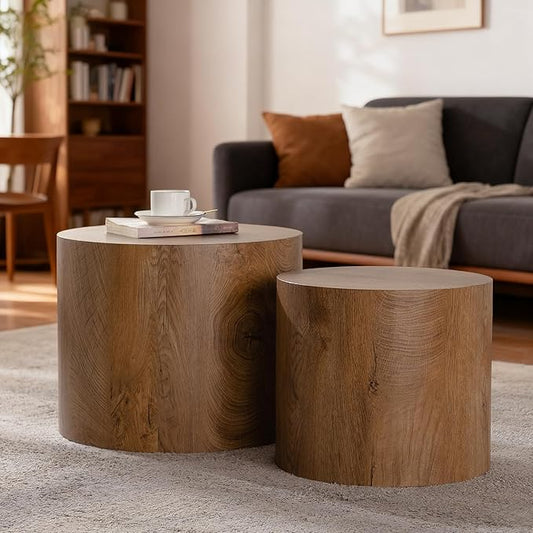 Nesting Round Coffee Table Set of 2, Small Circle Accent End Table for Small Spaces, Morden Drum Side Table, Wooden Center Table for Living Room, Fully Assembled - Light Walnut