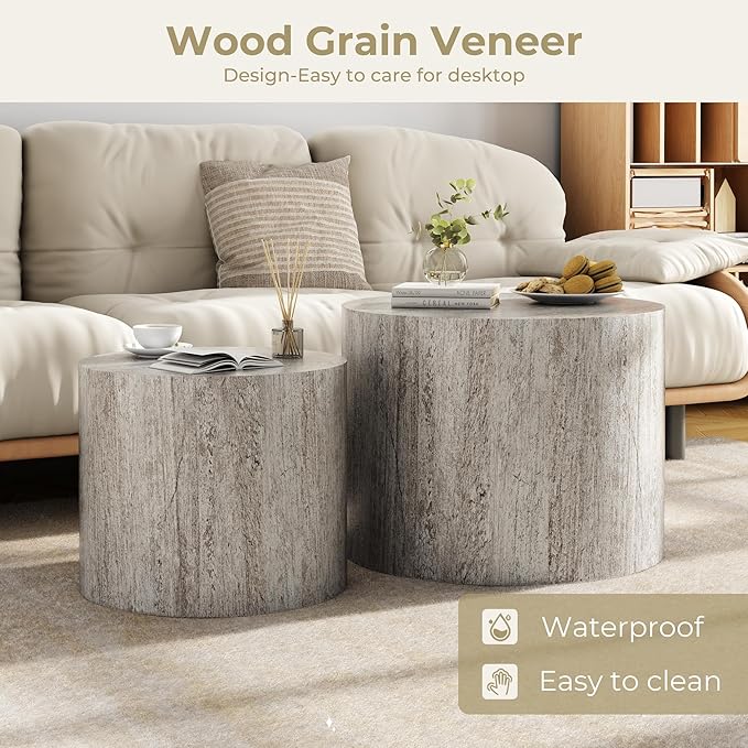 Nesting Coffee Table Set of 2, Round Dark Gray Nesting Table Modern Circle Coffee Tables Side End Tables for Small Spaces Living Room, Bedroom, Balcony, Office