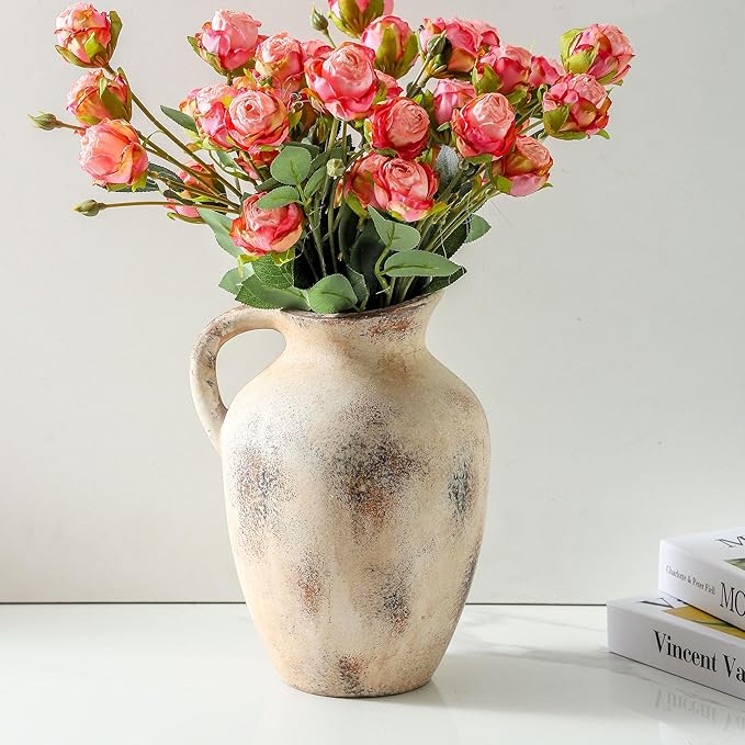 Vintage Farmhouse Pottery Vase, 9.7 inch Handcrafted Decorative Ceramic Vase for Home, Dining Table, Bathroom, or Bookshelf Accents