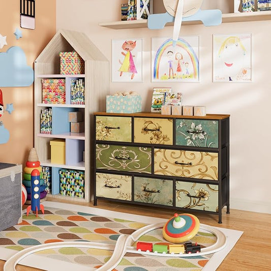 Furnulem 8 Drawer Dresser, Wide Fabric Chest of Drawers, Vintage Furniture for Bedroom, Living Room, Hallway, Closet Clothes Storage, Wooden Top