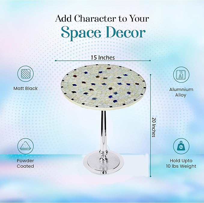 CLEENTABLE Mosaic Round End Table - Top End Tables for Living Room & Bedroom - Modern Side Table with Durable Enamel Top & Metal Legs - Lightweight Accent Table for Sofa, Bed (Ivory Silver)