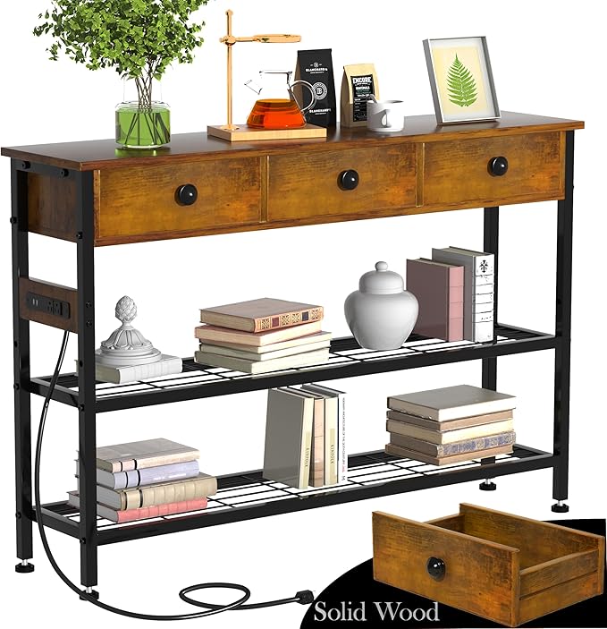 GRLEAF 47" Console Table with Outlets & USB Ports – Narrow Entryway Table with 3 Drawers and Storage Shelves, Power Strip Sofa Table for Living Room, Hallway, Kitchen, Foyer – Rustic Brown Wood Finish