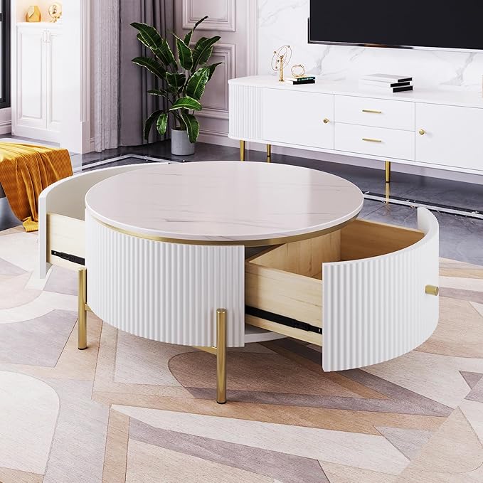 31.5" Round Coffee Table with Storage, Modern Round Coffee Table with 2 Drawers Storage Accent Table Round Black End Table for Living Room,White