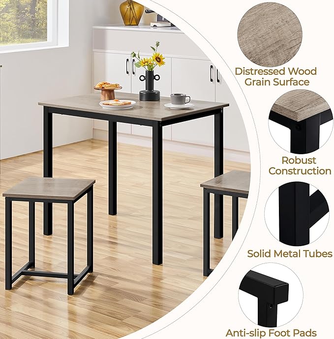 Yaheetech 3 Piece Dining Table Set - Kitchen Table & Chair Sets for 2 - Compact Table w/ 2 Stools & Space Saving Design for Dining Room Living Room Kitchen, Gray