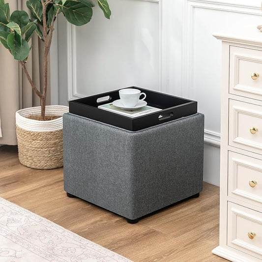 Adeco 17" Grey Square Storage Ottoman with Tray, Modern Cube Ottoman Coffee Table for Dorm, Bedroom (Grey with Tray)
