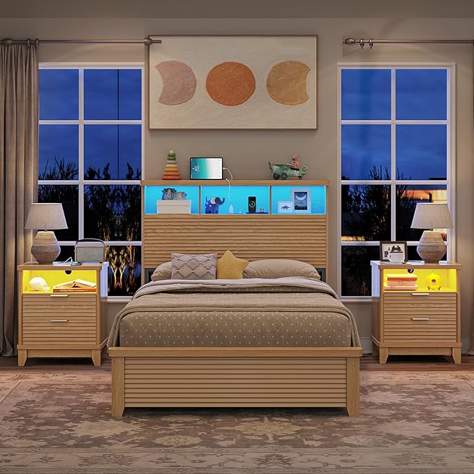 AOGLLATI Fluted Nightstand with Charging Station and 2 Drawers, Wood Nightstand, Beside Table with Open Storage and Led Lights, Retro End Side Table for Bedroom, Wood