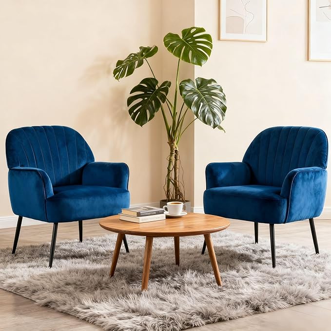 Velvet Accent Chair, Modern Upholstered Single Sofa Side Living Room Chair, Comfy Reading Armchair with Metal Legs for Bedroom, Waiting Room, Office and Cafe, Blue