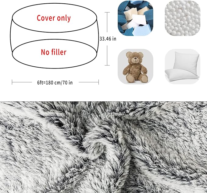 (No Filler Bean Bag Chair Cover Without Filler,Big Round Soft Fluffy PV Velvet Washable Bean Bag Lazy Sofa Bed Cover for Adults,Living Room Bedroom Furniture Outside,6ft Black