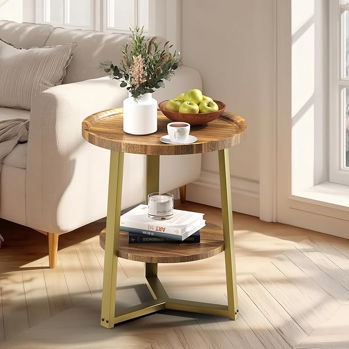 PPAMAPIC Round End Table, 2 Tier Side Table with Storage Shelf, Nightstand Accent Table for Living Room Bedroom Small Space, Golden Metal Frame, 19.7" D x 23.6" H, Rustic Brown