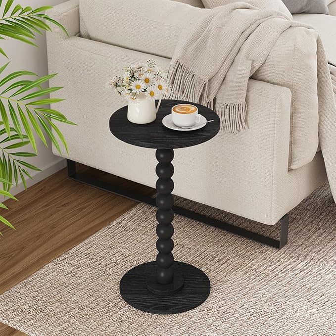Round Side Table, Small Drink Table for Small Spaces, Pedestal End Table for Living Room, Modern Accent Nightstand with Solid Wood Leg for Bedroom, Corners and Office Black Color UTBT005B