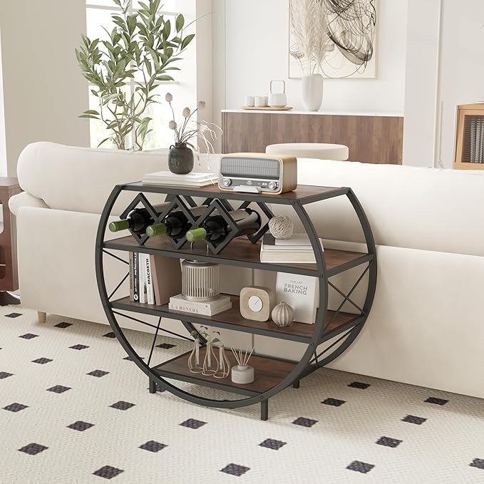 Demilune Console Table Industrial Entryway Table with 4-Tier Open Storage Shelf Wood and Metal Christmas Sofa Table with Wine Rack for Living Room Hallway Display Vintage Rustic Brown