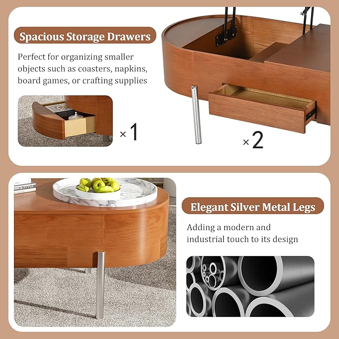 Lift Top Coffee Table with Hidden Compartment, Modern 47.2'' Oval Wooden Center Table Cocktail Tea Table with 360-degree Marble-Patterned Rotating Tray and 3 Drawers for Living Room, Brown