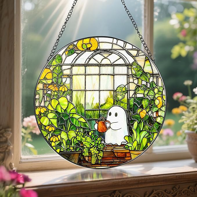 8'' Halloween Ghost Greenhouse Sun Catcher Ornament, Stained Glass Window Hanging, Sun Catchers for Windows Hanging Ornaments, Window Decor, Holiday Present, Ideal Gift | Plant Lovers Gifts