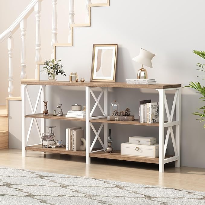 IBF Industrial Console Table, Wood and Metal Entryway Table with Shelves, Farmhouse White and Rustic Oak 3 Tier Sofa Tables for Living Room, Entry, Hallway 63 Inch
