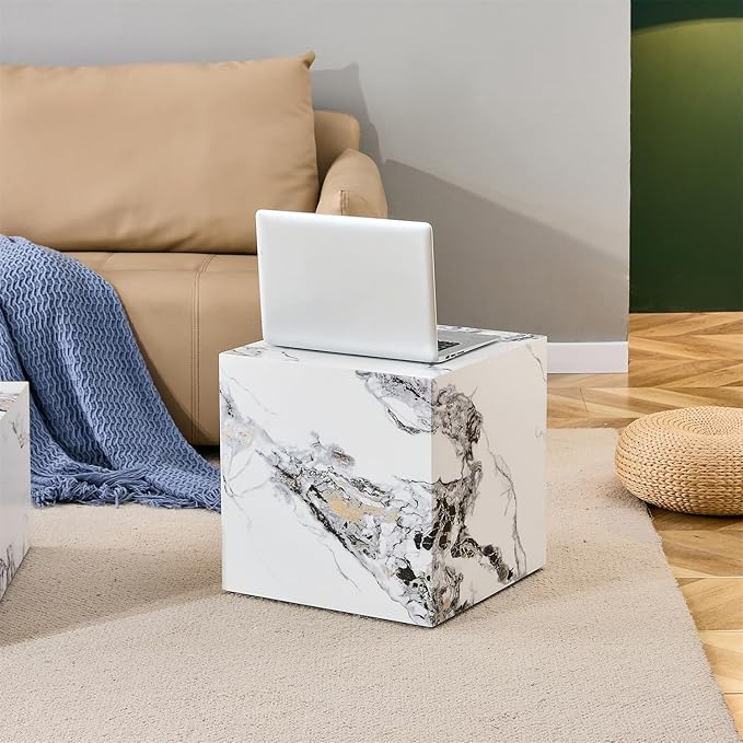 End Table, White Marble Side Table, Beside Table Couch Coffee Table, Cube Accent Living Room Sofa Table, Bedside Table Nightstand for Small Spaces, Bedroom (Modern, Marble 01)