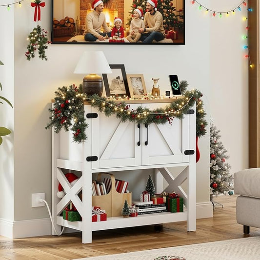 IRONCK Farmhouse Console Table with Storage Cabinet, Entryway Table with Shelf, Coffee Bar with Power Outlets for Hallway Kitchen Living Room, White