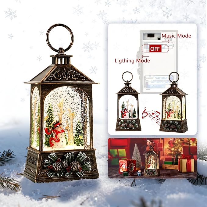 Christmas Lantern,Christmass Snow Globe Lantern Lights with 8 Christmas Songs,Battery & USB Powered,Christmass Snow Swirling Glitter Water Globe Lanterns for Xmas Home Decoration Holiday Party Gifts.