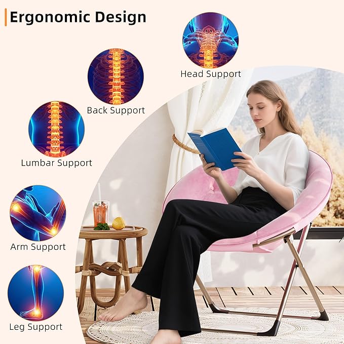 GarveeHome Comfy Oversized Saucer Chair – Soft Plush Fabric Reading Lounger for Adults, Stable X-Large Metal Frame Foldable Accent Lazy Chair for Bedroom, Living Room, Dorm, Office, Pink
