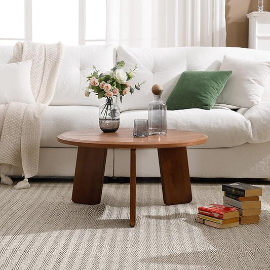 32" Round Coffee Table, Large Solid Wood French Country Accent Table, Farmhouse Side Table for Family/Office/Living Room/Sofa Couch End/Bedroom, Walnut