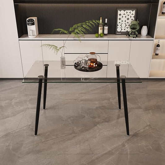 Glass Dining Table, 51'' Rectangle Dining Room Table,Modern Kitchen Table with Tempered Glass Tabletop and Metal Leg,Dining Table for 4 Suitable Kitchen Dining Living Meeting Room