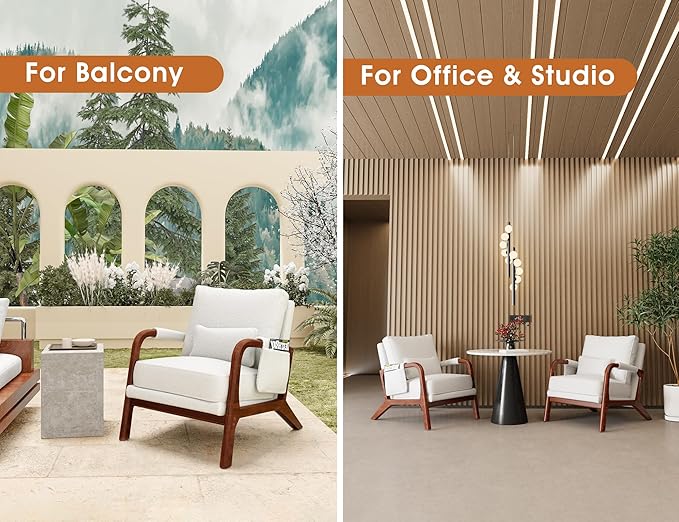 Mid Century Modern Chair Set of 2, Upholstered Lounge Arm Chair with Solid Wood Frame, Comfy Accent Chair for Living Room, Bedroom, Reading, Reception, Sherpa Fleece, White