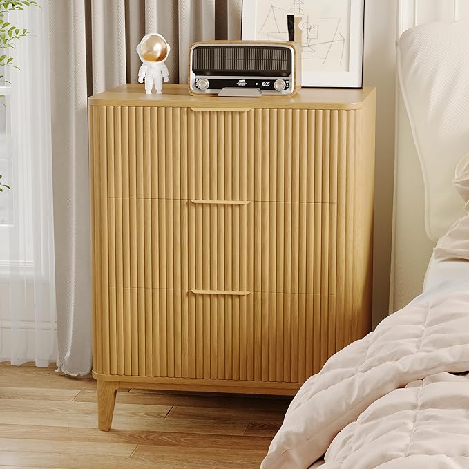 3 Drawer Fluted Dresser for Bedroom, Modern Closet Dressers Chest of Drawers, 23.6" Rustic Wood Nightstand 3-Drawer Dresser Bedside Table, Curved End Table with 3 Large Drawers for Living Room Natural