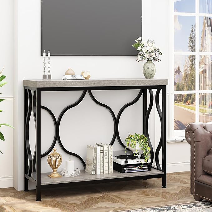 IBF Narrow Entryway Table with Storage, Modern Wood Metal Console Sofa Table Behind Couch Tables, Industrial Narrow Hallway Table for Living Room Home Office Foyer Entry Way Entrance, Grey, 39.4 Inch
