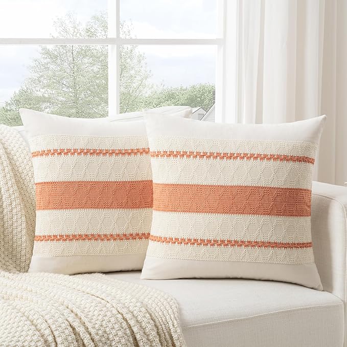 Fancy Homi Set of 2 Boho Coral Decorative Throw Pillow Cover 22x22 Inch for Couch Bed Sofa, Aesthetic Modern Organic Farmhouse Home Decor, Soft Cotton Cute Accent Macrame Woven Cushion Case