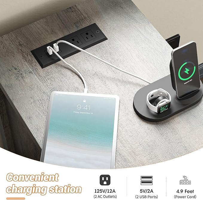 Maupvit End Table with Charging Station, Farmhouse End Table Narrow Side Table for Living Room, Sofa Side Table with Drawer and Storage Cabinet, Small Nightstand for Bedroom (Retro-Grey)