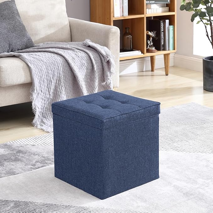 Ornavo Home Square Storage Ottoman Linen Foldable Tufted Cube Storage Ottoman Foot Rest Stool/Seat with Table Top Lid, Coffee Table Ottoman - 15" x 15" x 15" (Navy Blue)