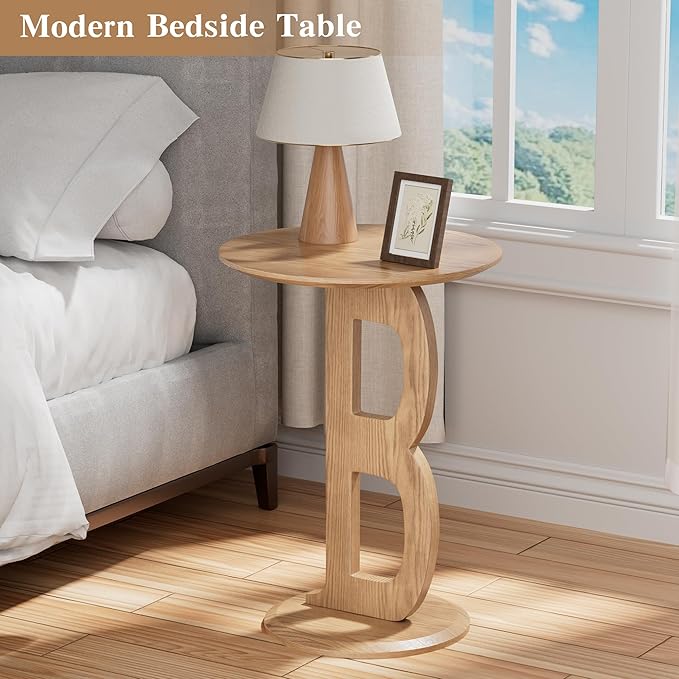 Aoligrace Round Side Table, Modern End Table with Letter B Leg, Wooden Accent Table for Couch Small Coffee Tables Nightstand for Small Spaces Living Room Bedroom