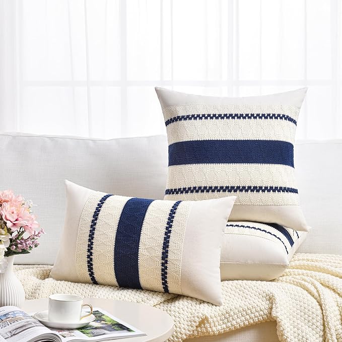 Fancy Homi Set of 2 Navy Blue Big Decorative Throw Pillow Covers 24x24 Inch for Couch Bed Sofa Living Room, Aesthetic Modern Organic Farmhouse Home Decor, Soft Cotton Woven Textured Cushion Case