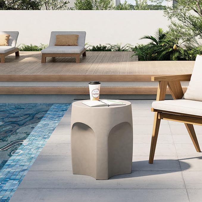HOMPUS Outdoor Side Table w Arch Shape Set of 2, Unique Patio End Table, Round Lightweight Concrete Accent Table, Modern Vintage Garden Tool for Indoor Use, Grey