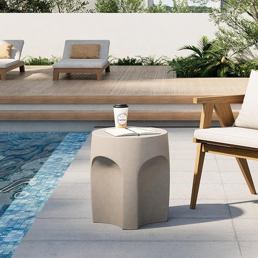 HOMPUS Outdoor Side Table w Arch Shape, Unique Patio End Table, Round MgO Lightweight Concrete Accent Table, Modern Vintage Garden Plant Stand for Indoor Use, Grey