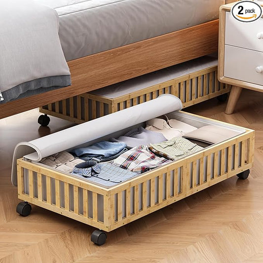 Bamboo Under Bed Storage Containers with Wheels, 2 Pack Large Under the Bed Shoe Storage Bins, Wood Rolling Underbed Drawers Organizer for Bedroom Closet Clothes Blanket Under Crib Toy Nature
